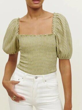 Reformation Womens XS Marilyn Smocked Puff Sleeve Gingham Top Green Stripe Shirt
